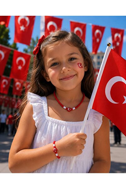 Karlay Türk Bayrak Detaylı Kırmızı Çocuk Kolye ve Bileklik Seti 23 Nisan / 19...