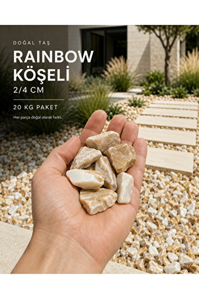 Rainbow Köşeli Dekoratif Doğal Taş 2/4 cm 20 Kg Bahçe Peyzaj Süs Taşı Krem Bej