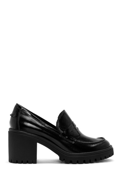 Derimod Women's Black Thick Heeled Patent Leather Masculine Loafer Af180001Dr