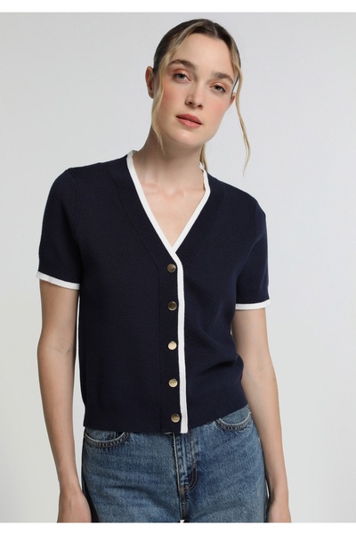 Colin's Slim Fit Buttoned Collar Plain Women's Navy Blue Short Sleeve Sweater
