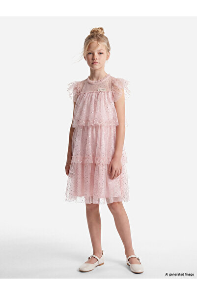 LC Waikiki Nevavm Ruffled Girl's Glittery Layered Dress with a Difference