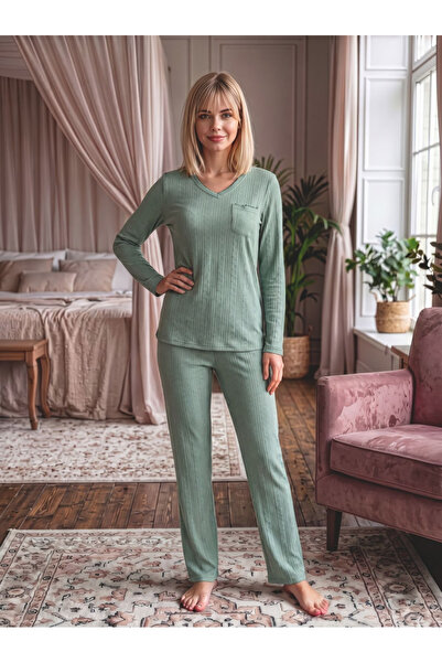 Olivera Green Pocket Detailed Jacquard Women's Pajama Set