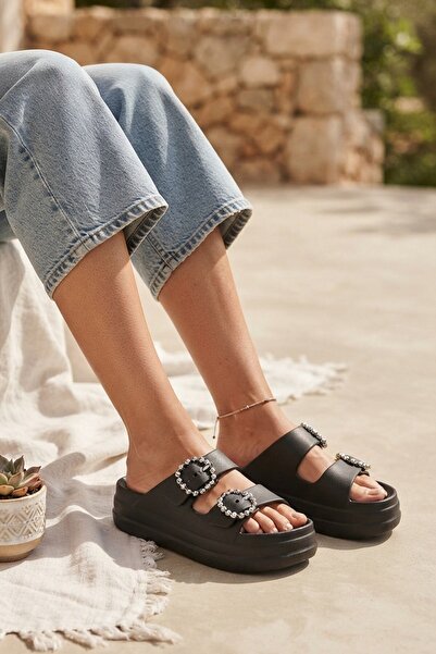 awix Black Double Buckle High-Sole Daily Balcony Garden Pool Beach Slippers W...