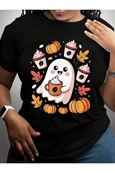 kai22 Ghost Barista Design With Cute Coffee Theme Halloween Black Graphic T S...