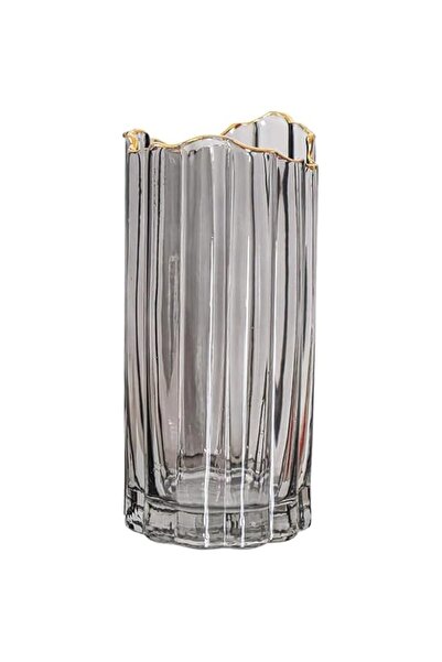 Generic Crystal Glass Cylinder Vase, Grey with Gold Trim, 30cm Tall Heavy Flo...