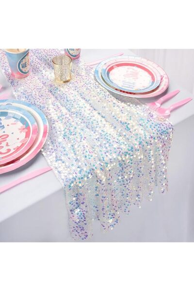 Generic Iridescent Sequin Table Runner | White Glitter Fabric for Table Decor...