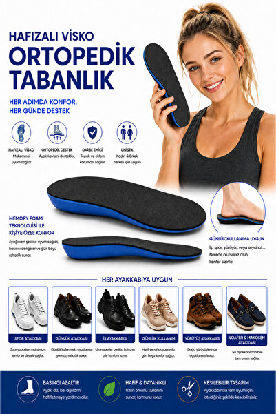 OKAVANGO Ortopedik Memory Foam Tabanlık, Konfor & Rahat Ark Takviyeli, yumuşak ayakkabı tabanlığı Siyah-Mavi