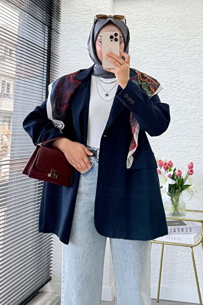 MELEK ARAZ Two Button Linen Blazer Women's Jacket - Navy Blue
