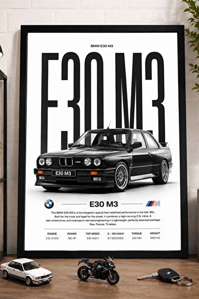 dudekohome BMW M3 E30 Siyah Klasik Spor Araba Spec Sheet Siyah Çerçeveli Post...