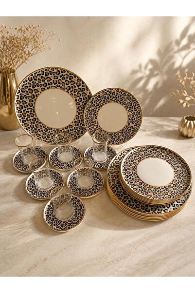 GÜRCÜGLASS Leopard Model 24-Piece Porcelain Breakfast Set.