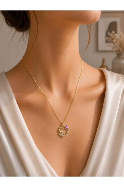 MARE BUTİK Gold Color Steel Necklace with Moon and Flower Figures and Zircon ...