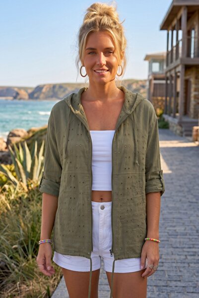 Chiccy Khaki Hooded Raglan Sleeve Jacket with Zipper Pockets, Tieable Waist, ...