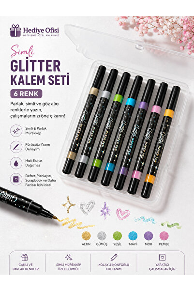 hediyeofisi Hediye Ofisi 6 Renk Çift Uçlu Simli Glitter Marker Kalem Seti Scr...