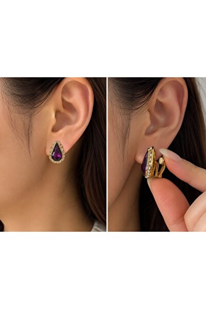 MARE BUTİK Purple Stone Drop Shape Clip-On Earrings