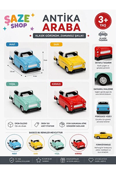 SAZE Şaze Shop Antique Car 7.5 cm Classic Retro Toy Car for Ages 3+ Single