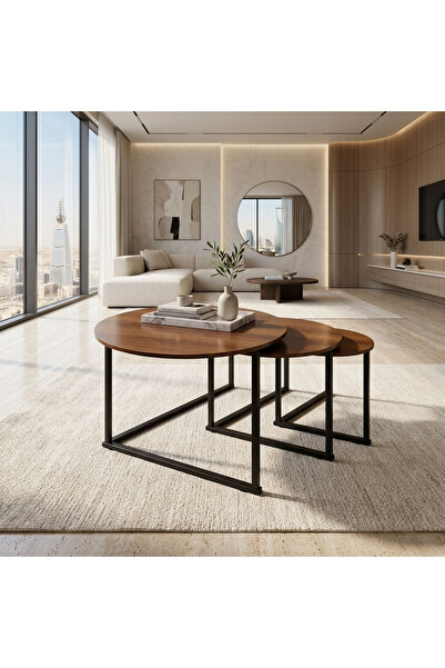 co arma Set of 3 Nesting Coffee Tables Wood Top Metal Frame, Walnut Living Ro...