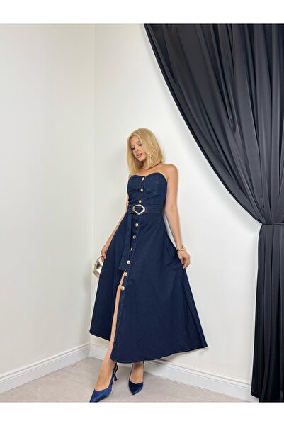 Moda Days Women's Dark Blue Strapless Denim Maxi Dress with Belt, Buttoned, S...