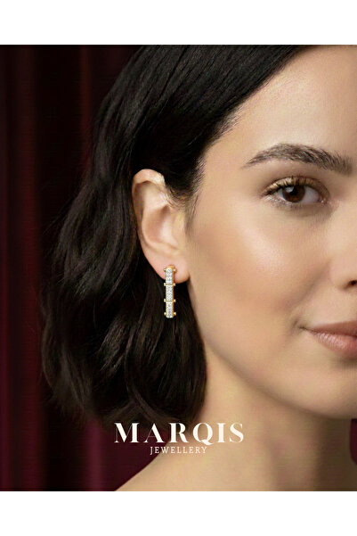 Taşlı Çizgi Gold Renk Zirkon Taşlı Minimal Uzun Küpe