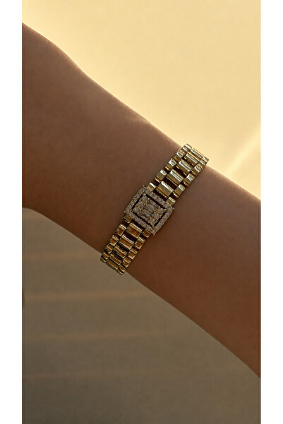 Reverie Atelier 14K Altın Kaplama Baget Zirkon Taşlı Saat Kordon Model Gold K...