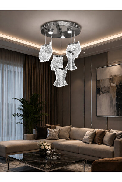 Led YENİ MODEL 4 SARKIT LÜX AVİZE KROM RENK 3 IŞIK SEÇENEĞİ İTHAL KASA