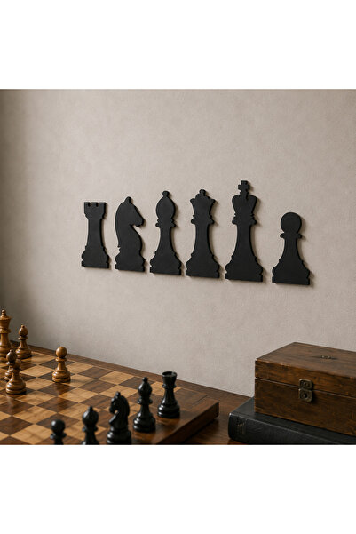 ArliaDesign 6 Parça Satranç Taşları Duvar Dekoru 40 × 20 cm Siyah MDF Şah Vezir Fil At Kale Piyon Seti
