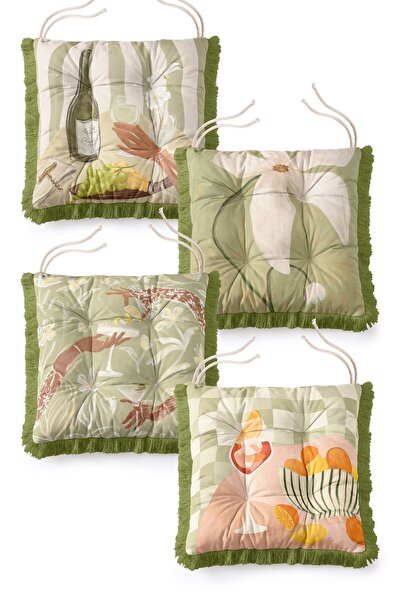 IdeCraft 4-Piece Fringed Lace Puffy Chair Cushion with Italian Table and Beve...