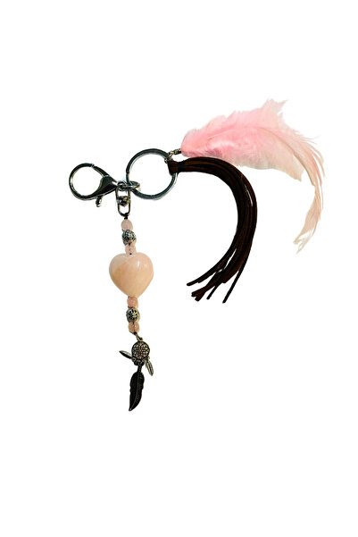 OEM CrystalTears Breloc Inimă din Cuarț Roz, Pană Roz, Franjuri din Piele