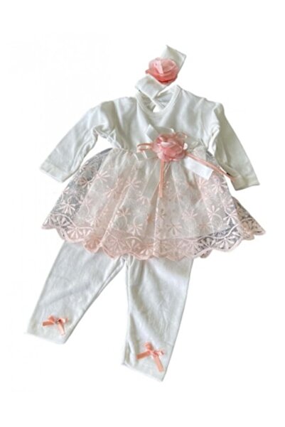 OEM Set alb din trei piese, rochie cu mânecă lungă, pantaloni și bentiță, Alb