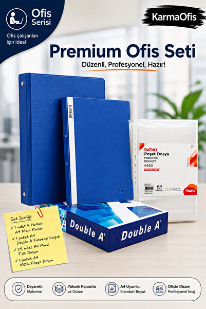KarmaOfis Σετ γραφείου Premium – Μπλε φάκελος Α4 με 4 κρίκους, 25 δεσμοί με κ...