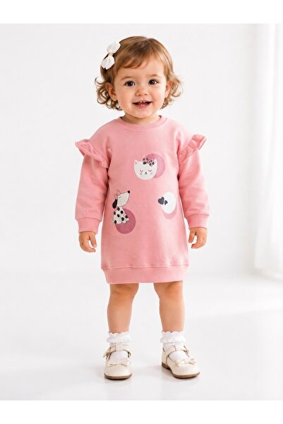N-IVORYY Girls' 95% Cotton Two-Thread Raster Sweat Dress – Ruffle Sleeves, Pr...