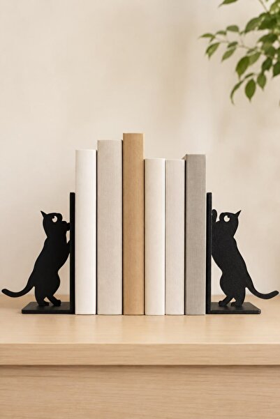 Figyfun Siyah Kedi Figürlü Dekoratif Kitap Tutucu Seti 2'li Kitap Desteği Mas...