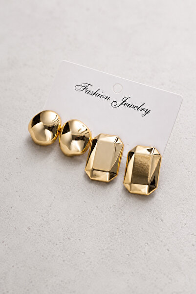 TREND COLLECTİON Altın Renk Büyük Boy Modern İkili Küpe Seti (2cm)