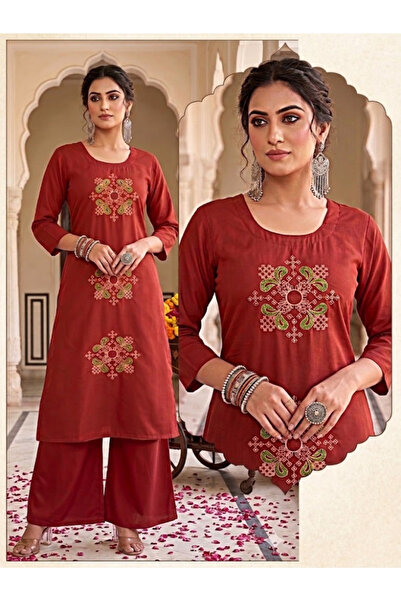 MYSMAR Rust Dhaboo Cotton Embroidered 2-Piece Kurti Set - VVB9545 | Rust-Size...