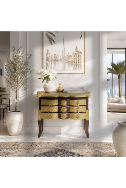Al Athar Arts Handcrafted Mango Wood Rectangular Table with Brass Embossing{L:36" X D:15" X H:29.5"}