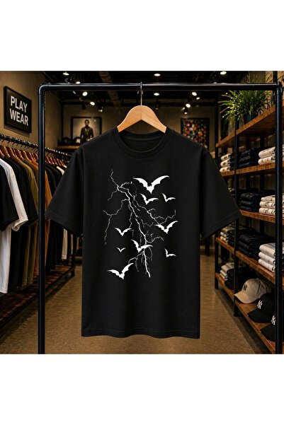 playwear Bat Vein Printed 100% Cotton Oversize Loose Regular Fit Crew Neck T-...