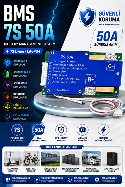 RoboPazar BMS 7S 50A Li-ion Batarya Koruma ve Dengeleme Kartı – 25.9V 7 Hücre Battery Management System