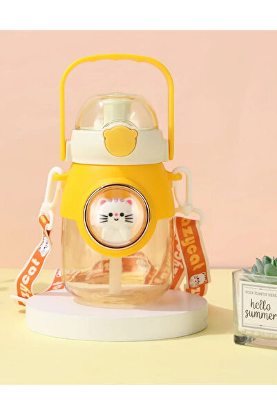 UĞURDAN Kawaii Kedi Pipetli Çocuk Suluğu Okul Matarası 750 ML – Askılı Kulplu...