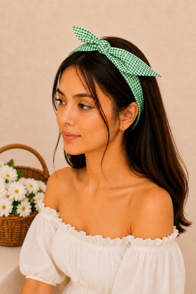 Hophera Gingham Patterned Elastic Tail Women's Bandana Bow Crown Hair Band