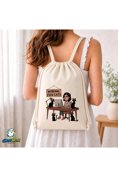 Ghostbastır Design Cat Drawstring Linen Bag C145