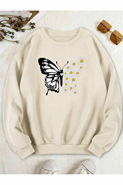 Trend Sizde Unisex Φούτερ με στάμπα Daisy Butterfly και λαιμόκοψη ποδηλάτου