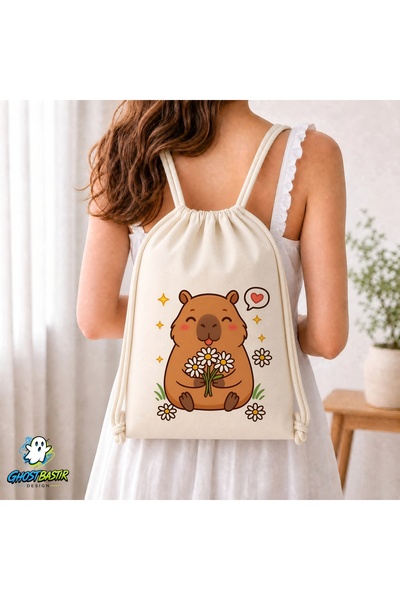 Ghostbastır Design Capybara Drawstring Linen Bag C055