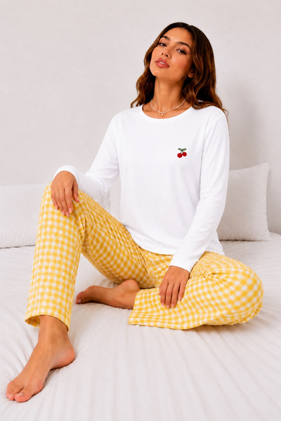 Zaya Homewear Uzun Kollu Love Yellow Pijama Takımı Süpersoft Basic Süprem