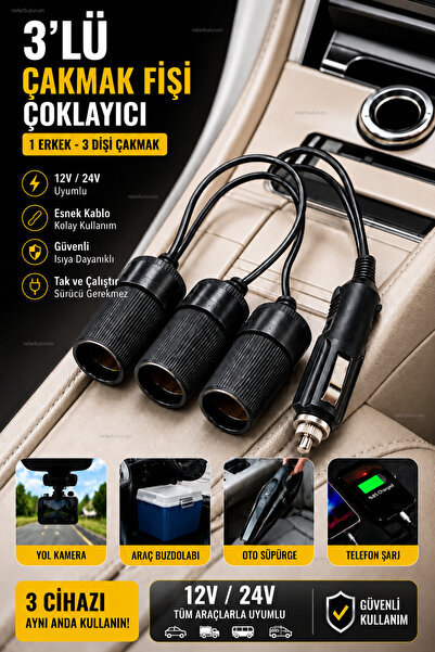 nelerbulurum 3’lü Araç Çakmaklık Çoğaltıcı 12V 24V – 1 Erkek 3 Dişi Esnek Kablolu, Telefon Şarjı, Yol Kamerası, Oto Süpürge ve Araç Buzdolabı Uyumlu
