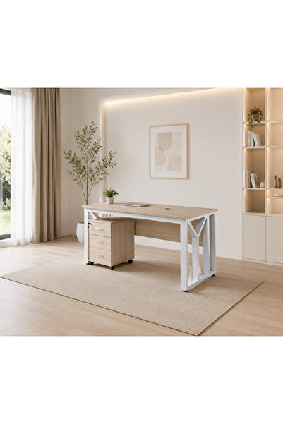 Palma homez Light Wood Desk with 3 Sliding Drawer and White Metal Legs 160X80...