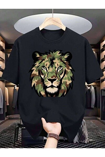 25W Oversized Women's T-Shirt, Loose Fit, Flat Print Majestic Camouflage Lion...