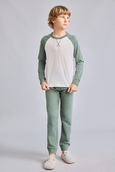 DeFacto Crew Neck Raglan Long Sleeve Top Rubber Cuffed Bottom 2-Piece Pajama ...