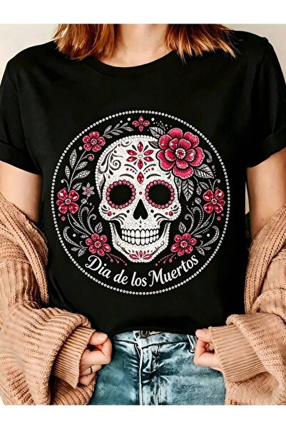 9JY Black Floral Sugar Skull Dia De Los Muertos Women's T-Shirt Day Of The De...