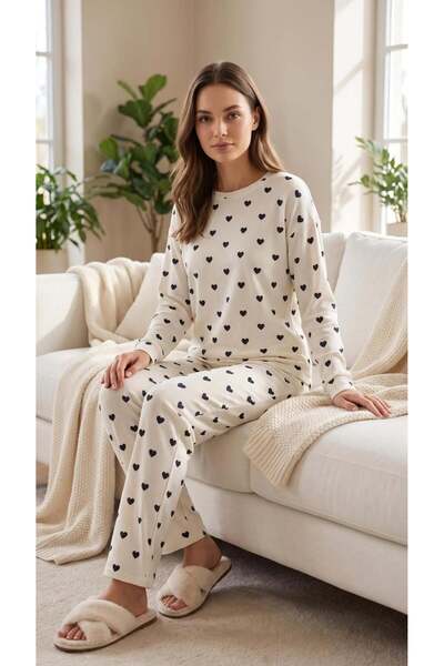 Mia Homewear KADIN BEYAZ MİNİK KALP DESENLİ UZUN KOLLU İNTERLOK KUMAŞ PİJAM T...
