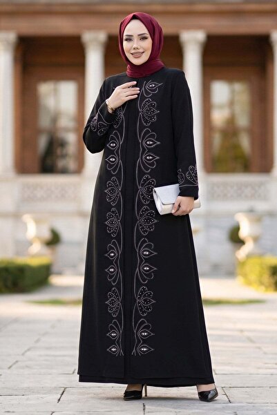 hafsamina Boncuk Taşlı Büyük Beden Anne Elbisesi Siyah HM2952