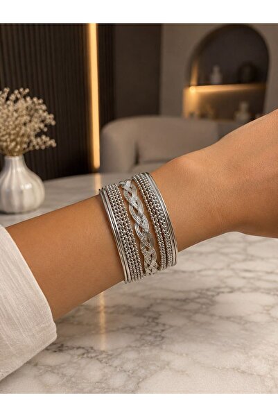 MARE BUTİK Silver Color Multi-Row Bracelet with Knitted Detail